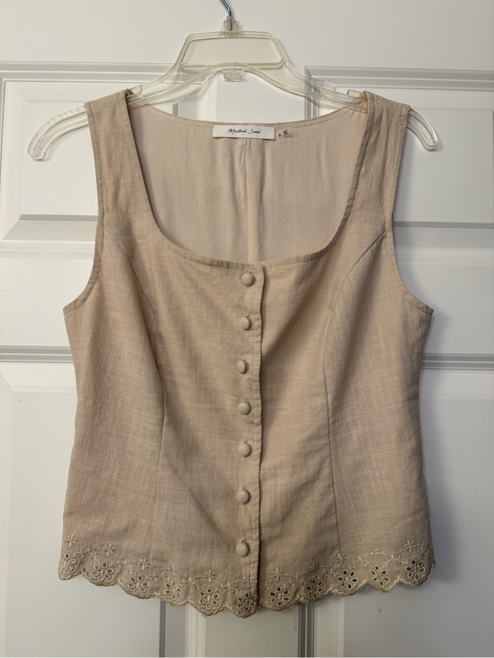Mustard Seed Beige Button-Front Eyelet-Hem Top